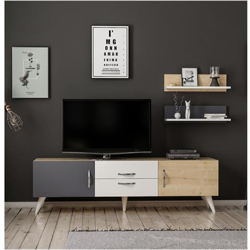 Mobile Tv Only Bianco Rovere Anthracite Moderno - Casa Arredo Design - Per Salotto, Soggiorno - Porta, Mensole, Componibile en oferta
