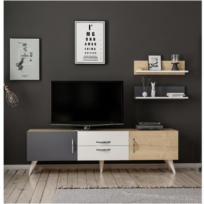 Mobile Tv Only Bianco Rovere Anthracite Moderno - Casa Arredo Design - Per Salotto, Soggiorno - Porta, Mensole, Componibile